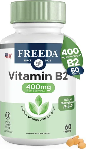 FREEDA Suplemento de vitamina B2 de 400 mg con riboflavina-5-fosfato – Vitaminas B2 de alta potencia riboflavina 400 mg por porción para energía,