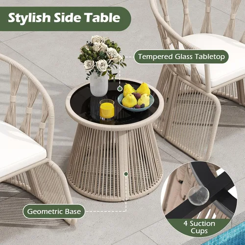 Miniatura 7 de Tangkula - Juego de 3 piezas de sillas de ocio para patio, sillas con cojín trenzado al aire libre y juego de mesa con tablero de vidrio templado