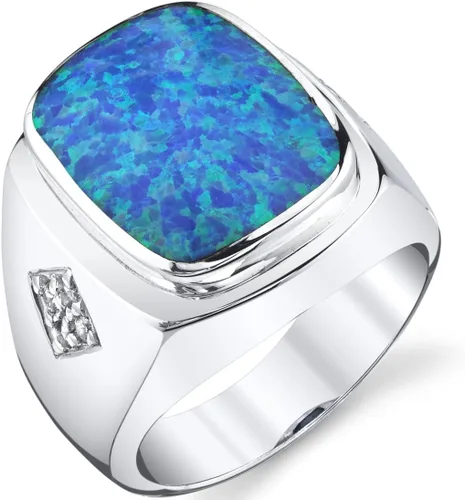 PEORA Anillo de plata de ley 925 con diseño de caballero de ópalo de fuego azul para hombre, tamaño grande de 0.591 x 0.472 in, tallas 8 a 13
