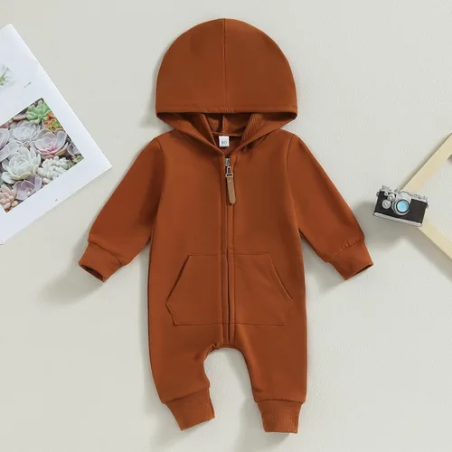 Miniatura 3 de AEEMCEM Mameluco de manga larga con capucha para bebé recién nacido, color liso, con cremallera, para otoño e invierno