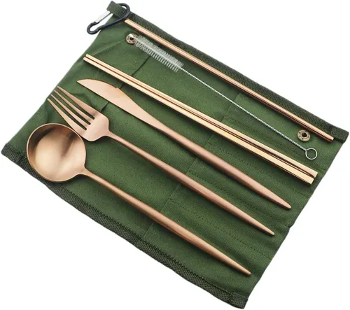 Miniatura 2 de Juego de cubiertos ecológicos con acabado mate, 7 piezas, cuchillos, tenedor, cuchara, acero inoxidable 18/10, negro, utensilios de viaje portátiles
