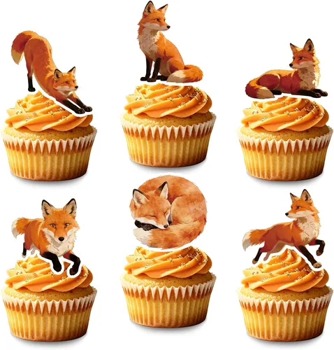 48 Pcs Fox Cupcake Toppers - Woodland Animal Cake Picks for Woodland Animal-Themed Baby Shower Birthday Party Table Decorations Supplies