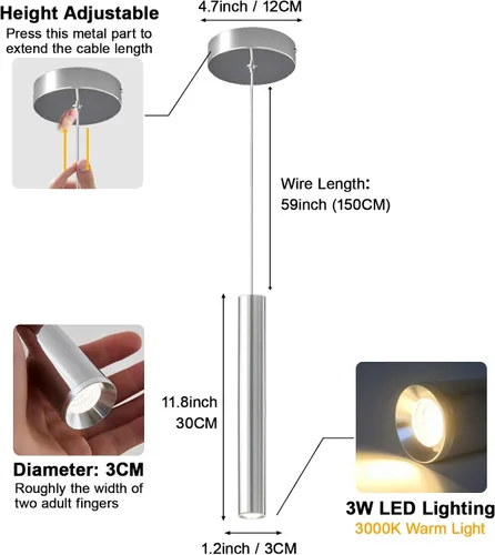 Miniatura 3 de Modernas lámparas colgantes LED cromadas de tubo largo, paquete de 2 lámparas colgantes para dormitorio, comedor, bar, cocina, isla, luz colgante