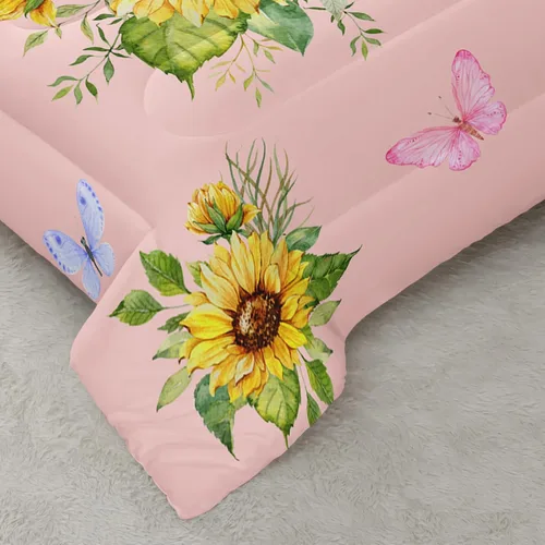 Miniatura 5 de Nttopship Juego de edredón rosa con girasol, tamaño completo para mujeres adultas, juego de ropa de cama floral de mariposa de 3 piezas, edredones