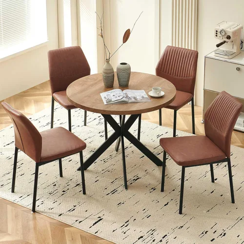 Miniatura 7 de Juego de 4 sillas de comedor de piel sintética marrón, cómodas sillas de cocina tapizadas sin brazos con patas de metal negro para sala de estar