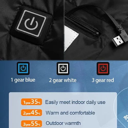 Miniatura 3 de Chaqueta térmica para invierno, ligera, con calefacción eléctrica USB, con capucha desmontable, 11 zonas con calefacción