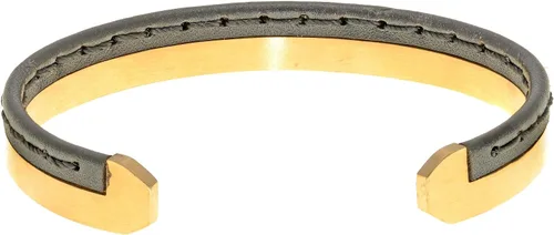 Miniatura 5 de Metro Jewelry Brazalete abierto de acero inoxidable dorado y cuero genuino cosido para hombre, 0.394 in, 8.5 pulgadas de largo, Metal, No es una