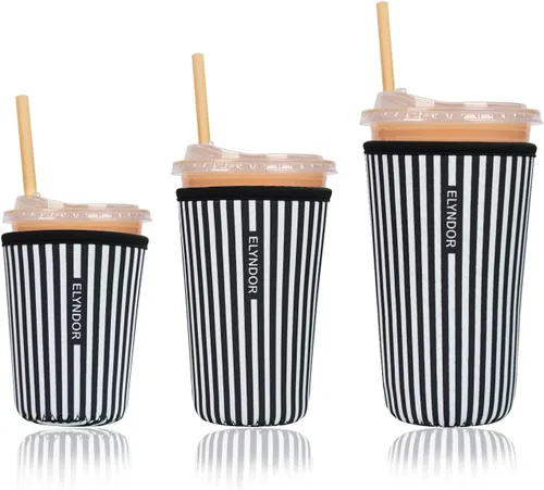 Miniatura 50 de Funda aislante reutilizable para taza de café helado, paquete de 3 fundas de neopreno para bebidas frías y calientes, soporte para bebidas para café