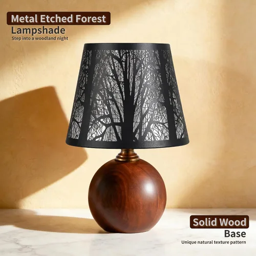 Miniatura 2 de Lámpara de mesa pequeña de bosque rústico de 11.4 pulgadas, base de madera maciza y pantalla de árbol de metal con lámpara de noche regulable de 3