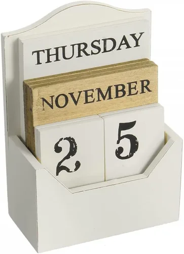 Bloque de madera vintage Calendario de escritorio perpetuo rústico de madera para oficina o hogar decoración de escritorio (blanco)