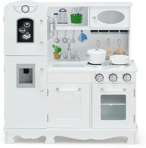 Miniatura 12 de HONEY JOY Juego de cocina para niños, cocina de madera de pequeño chef de simulación con pizarra, gran gabinete de almacenamiento, estufa, grifo