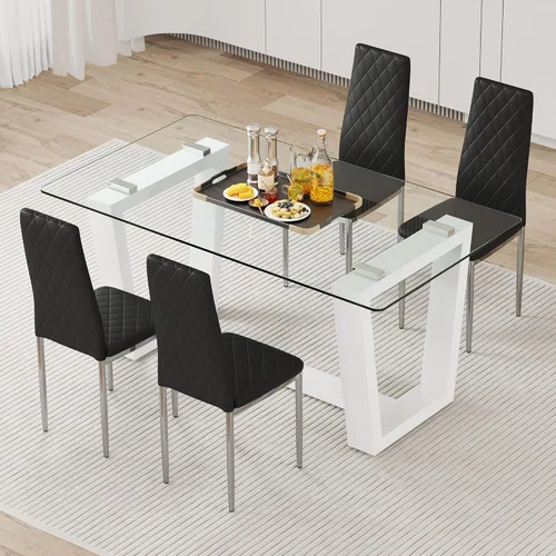 Miniatura 3 de Juego de 4 sillas de comedor modernas, de piel sintética negra, juego de 4, sillas tapizadas con respaldo alto con patas de metal plateado