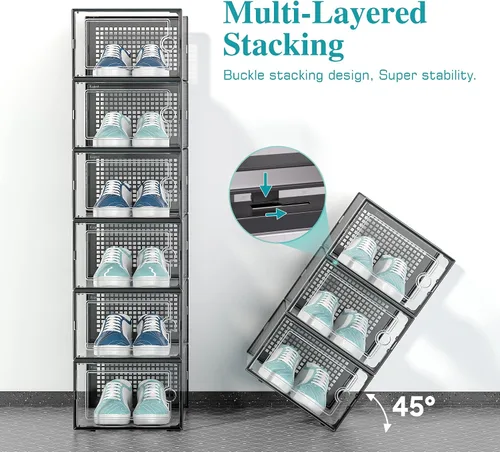 Miniatura 3 de Kuject Cajas grandes de almacenamiento de organizadores de zapatos para armario, paquete de 12 contenedores apilables de plástico transparente