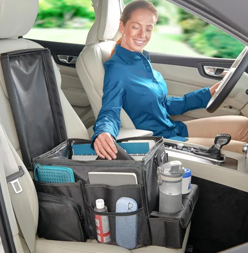 High Road CarHop - Organizador de asiento delantero para automóvil con soporte para tazas, bandeja para asiento del pasajero y compartimento