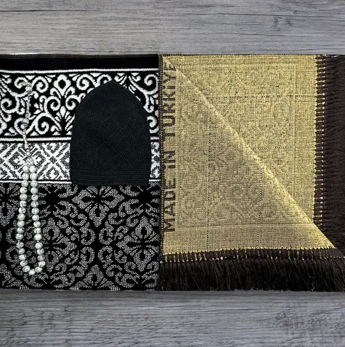 Miniatura 7 de ESERRA Juego de alfombrillas de oración de terciopelo todo en uno para el Islam, alfombra gruesa de oración musulmana, sombrero Kufi negro, piedra