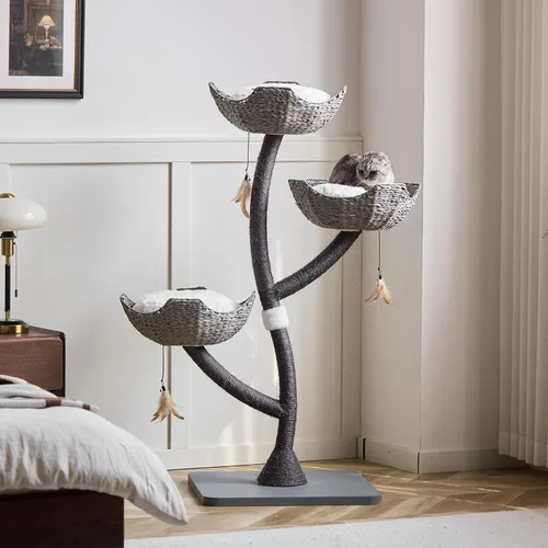 Miniatura 7 de Torre de árbol gris moderno de 52 pulgadas de alto para gatos grandes, postes rascadores para gatos con cestas tejidas a mano Condominio de lujo