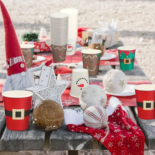 Miniatura 4 de Funtery 100 piezas de vasos de papel de Navidad, vasos de café desechables de Navidad con copos de nieve, muñeco de nieve, alce, luces, 9 onzas