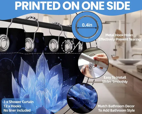 Miniatura 5 de Cortina de ducha con flores de loto negro y azul para decoración de baño, juego de cortinas decorativas de baño con estampado floral, tela