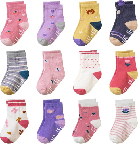 Miniatura 13 de Calcetines con Agarre Antideslizante para Niños Pequeños Calcetines de Tripulación de Algodón Anti Resbalón para Bebés Niños y Niñas 12 Pares