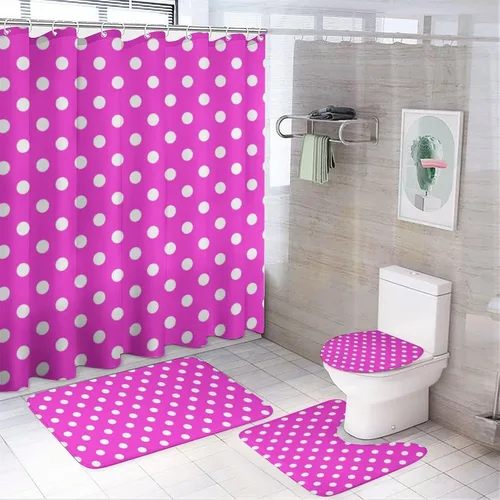 Miniatura 24 de Juego de 3 alfombras de baño con diseño de lunares, color azul aguamarina, antideslizante, con contorno en forma de U y tapa de inodoro