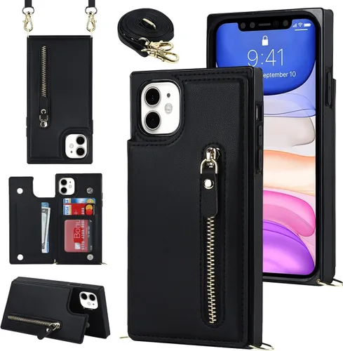 Miniatura 35 de Funda cruzada para teléfono iPhone 13 Pro Max de cuero con tarjetero, funda protectora extraíble, correa de cuero ajustable con botón, compatible