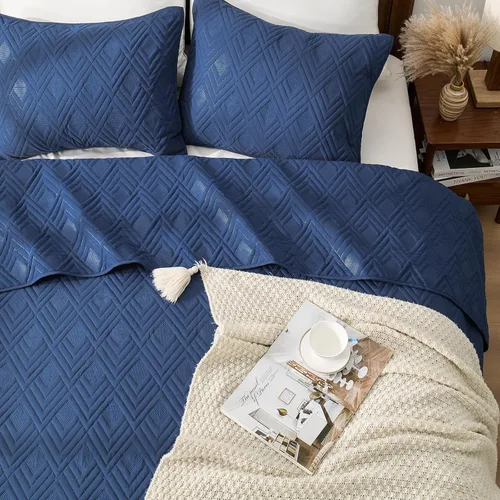 Miniatura 3 de EMME Juego de ropa de cama tamaño Queen, color azul marino, colcha suave y ligera prelavada, 3 piezas, acogedora colcha reversible de microfibra