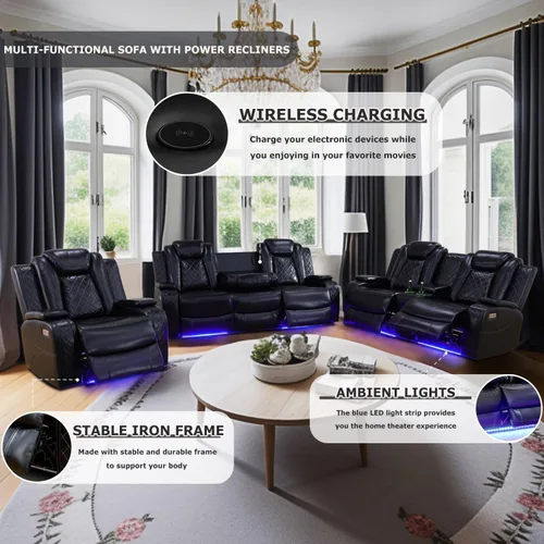 Miniatura 6 de Juego de sofá reclinable eléctrico, sofás reclinables de cuero negro, 3 piezas de sofá reclinable de cuero de aire y silla de dos plazas con luces