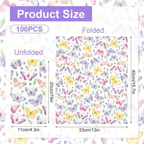 Miniatura 2 de 100 servilletas de papel de mariposa, toallas de mano desechables para baño, 3 capas, mariposas y flores coloridas, servilletas de invitados
