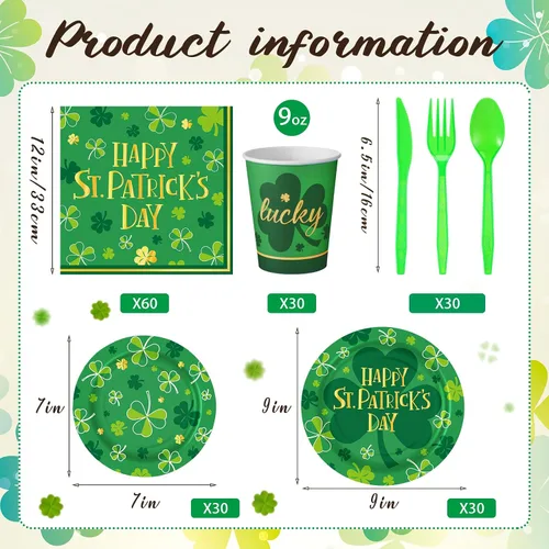 Miniatura 2 de 210 piezas de suministros para fiesta del Día de San Patricio, platos, servilletas, vasos, trébol irlandés, fiesta, desechables, platos de postre