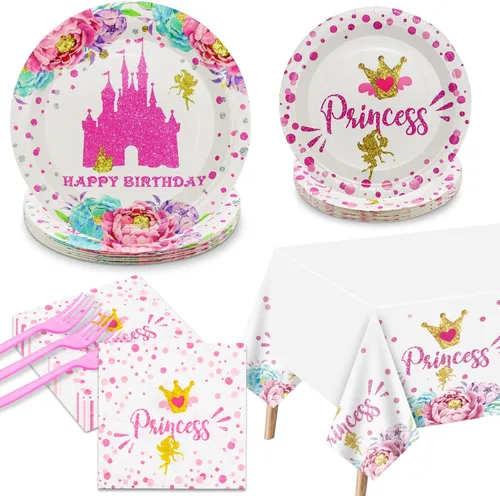 Decoraciones de fiesta de princesa: 81 piezas de decoración de castillo, incluyendo platos de papel rosa, servilletas y mantel para decoraciones de