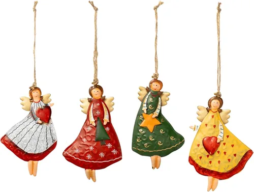 Crafjie Adornos de árbol de Navidad de ángel pintado en metal, doble cara, juego de 4 para decoración de árbol de Navidad, adornos colgantes y