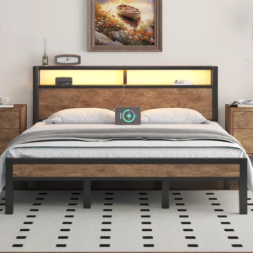 Miniatura 11 de Marco de cama tamaño completo con cabecera de almacenamiento, cama plataforma industrial con estación de carga y luces LED, listones de metal Negro