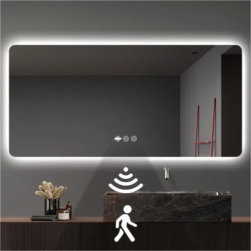 Miniatura 20 de Espejo LED Negro para Baño, 32"x24" Espejo de Baño Inteligente con Luces, Sensor de Movimiento, Antivaho, Regulable Sin Escalones y 3