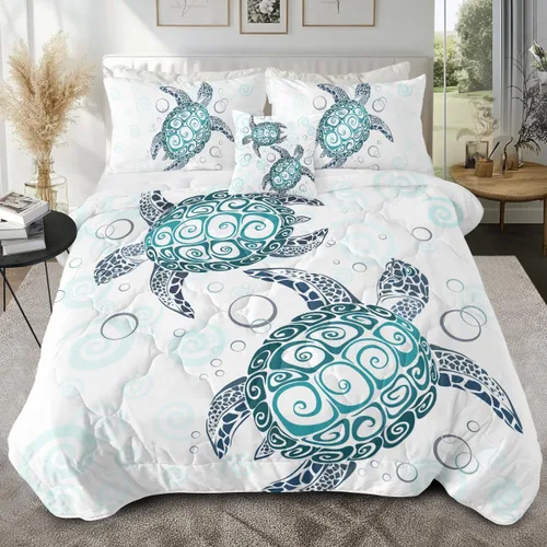 Miniatura 8 de Sleepwish - Juego de edredón con estampado de tortuga, juego de cubrecamas de tortuga hawaiana tamaño Queen en 3D, edredón de playa lindo para cama