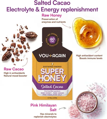 Miniatura 5 de You Again Gel de Energía Limpia Super Miel de la Selva, Chocolate Salado del Himalaya Reposición de Electrolitos Combustible para Correr Gel