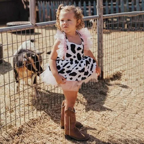 Miniatura 9 de Toddler Girl Fall Dress Baby Girls Romper Dress Infant Cow Print Tulle Clothes Take Home Outfit