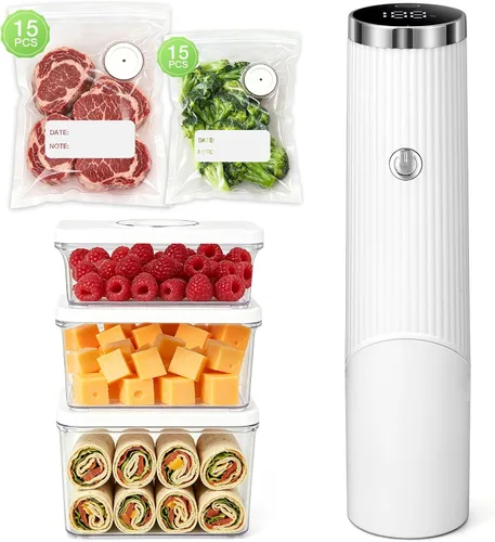 Miniatura 9 de Sellador al vacío compacto para alimentos, máquina selladora al vacío de mano con 10 bolsas reutilizables, sellador automático portátil de alimentos
