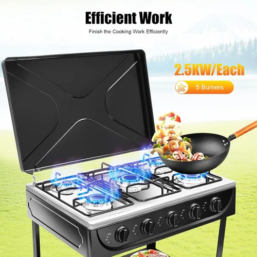 Miniatura 2 de Estufa de gas natural para encimera con 5 quemadores, cocina portátil de gas propano/gas natural con control independiente, cocina de encimera