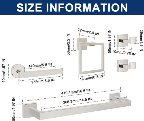 Miniatura 2 de NearMoon Juego de 5 piezas de accesorios de baño de acero inoxidable 304, juego de toallero cuadrado que incluye toallero de 16 pulgadas + anillo