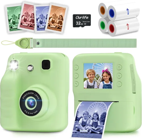 Cámara a color para niños, impresión instantánea, cámara instantánea con papel fotográfico de 4 colores, video HD de 1080P y cámaras digitales para