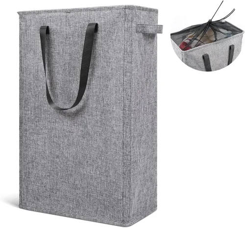 Odonata Cesta de lavandería delgada con asas, cesta plegable para ropa sucia, bolsa de ropa sucia estrecha, cesta plegable para ropa sucia, 45 Gris