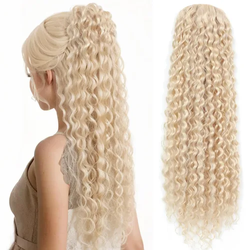 Miniatura 19 de Matriarchs Extensión de cola de caballo corta y rizada con cordón para mujer, pieza de cabello sintético largo afro rizado esponjoso para uso diario