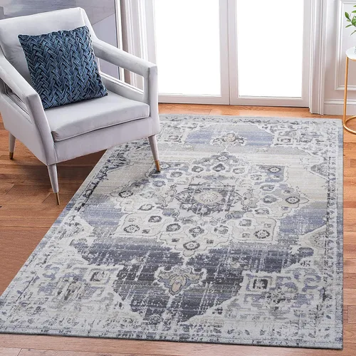 NAAR PAYAS Collection - Alfombra de área de 6 x 9 pies, diseño de medallón crema y azul, no se desprende, resistente a las manchas, para sala de
