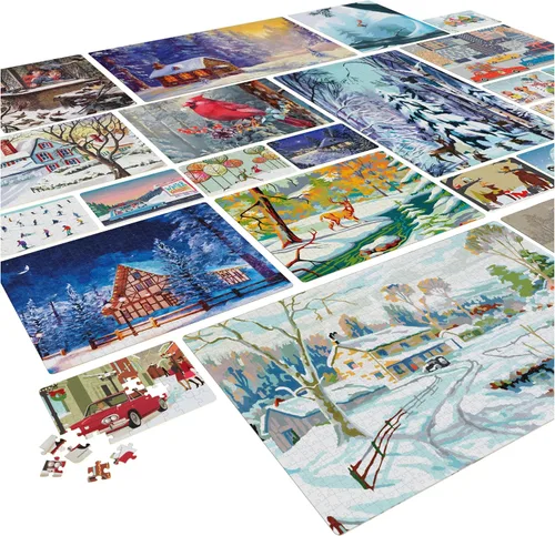 Miniatura 5 de Paquete de rompecabezas de 24 piezas, paisaje de ilustración de nieve de invierno navideño, 1000, 500, 300, 100, 48, 24 piezas, para niños y adultos
