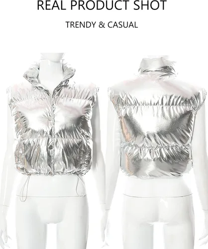 Miniatura 5 de Flygo Chaleco corto de invierno para mujer, chaleco acolchado metálico, sin mangas, chaqueta acolchada