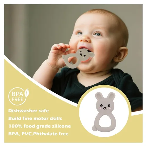 Miniatura 4 de Mordedor de conejo para bebé, juguete de silicona de grado alimenticio para bebés de 3 a 12 meses, juguete masticable de fácil agarre con orejas