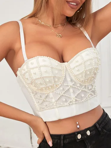 Miniatura 2 de SOLY HUX Camiseta corta sin mangas con diseño de perlas sintéticas para mujer