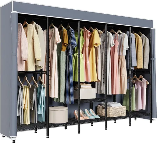 Miniatura 8 de Higeego Perchero de Ropa Resistente de 94.5" de Ancho con Cubierta, Perchero de Ropa H5C con Estantes Ajustables Armario Closet Independiente