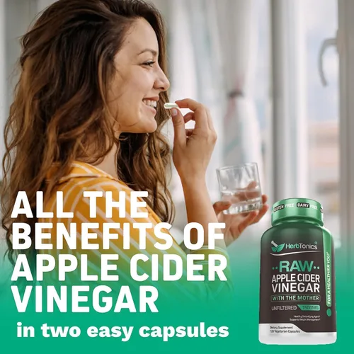 Miniatura 2 de Herbtonics Cápsulas de vinagre de sidra de manzana crudo de 1500 mg con la madre Píldoras ACV sin filtrar para aliviar la hinchazón, la digestión