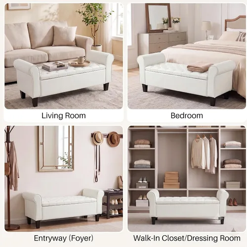 Miniatura 9 de ECOTOUGE Banco otomano de almacenamiento de 55 pulgadas para sala de estar, banco de pie de cama con brazo enrollado, otomano de cuero con Blanco